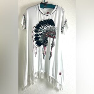 Double D Ranch White Fringe Tunic Top with Embroidery and Beads